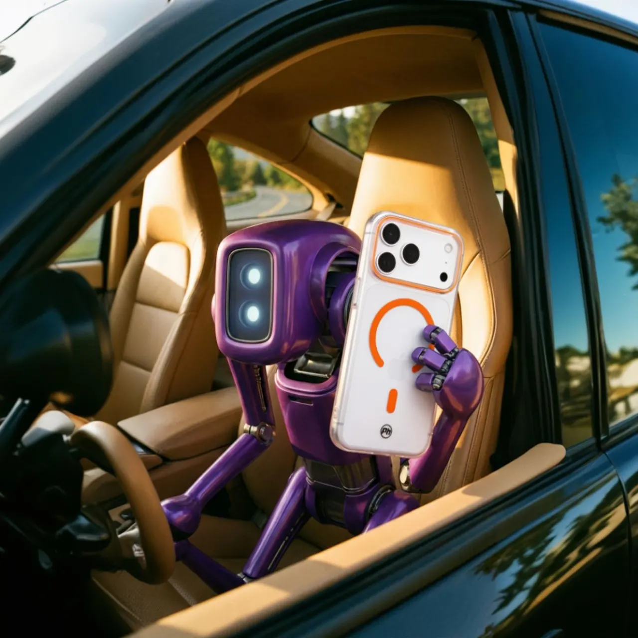 Mascote PH Master segurando case premium MagSafe dentro de um carro